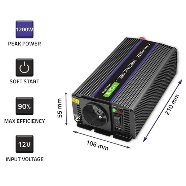 Qoltec Monolith -virtalähde/invertteri Auto/Sisäkäyttöön 600 W Musta