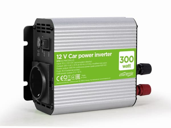 EnerGenie EG-PWC300-01 strømadapter/inverter Auto 300W Aluminium, Sort