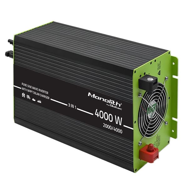 Qoltec Monolith 3-i-1 solcelle-inverter med AC-opladning | MPPT | UPS | ATS | 2000W | 4000W | 12V til 230V | Pure Blue