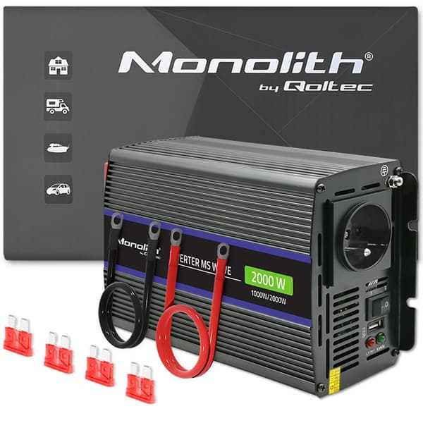 Qoltec Monolith 2000 MS Wave-spänningsomvandlare | 12V till 230V | 1000/2000W | USB