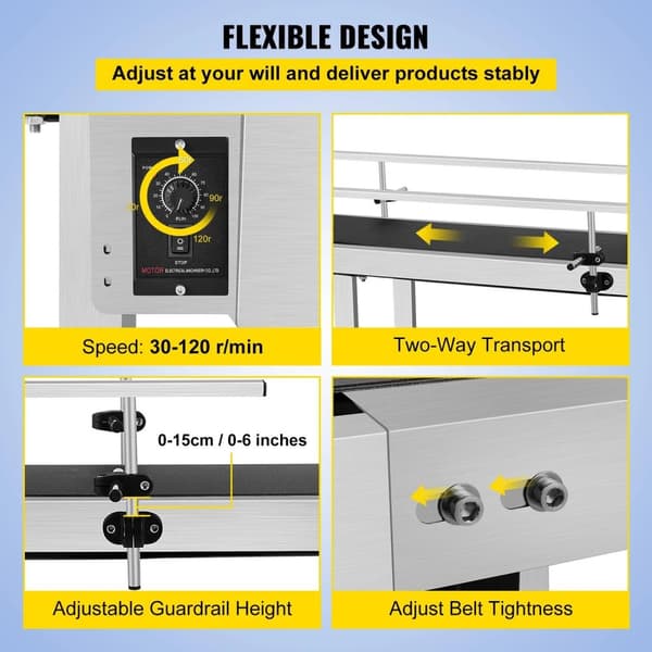 60W 30-120 RPM 150cm PVC-bandtransportör med justerbara dubbla skyddsräcken, konstruktion i rostfritt stål,effektiv motor,justerbar riktning/hastighet