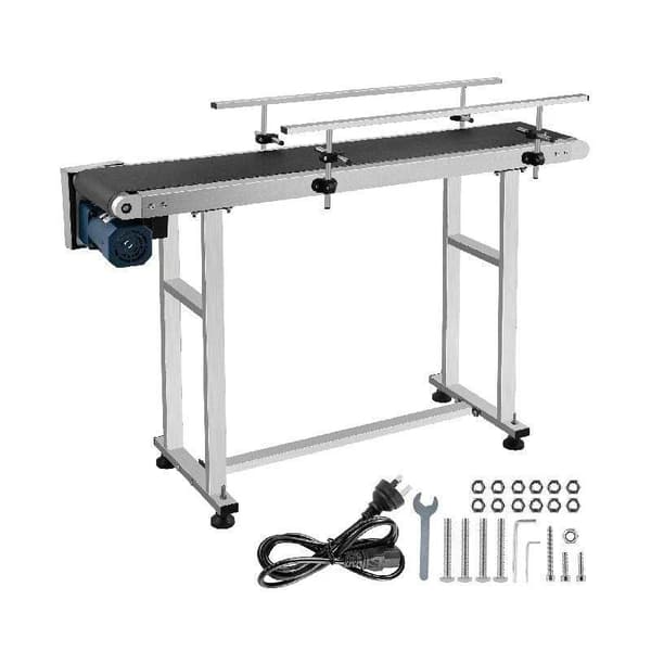 60W 30-120r/min 150x20cm PVC-transportband maskin med 0-15cm justerbar dubbel skyddsräcke, rostfritt stål konstruktion, justerbar riktning/hastighet
