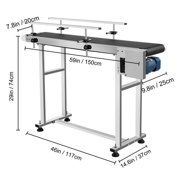 60W 30-120 rpm 150 x 20 cm bandtransportör med dubbla höjdjusterbara skyddsräcke, justerbar riktning och hastighet