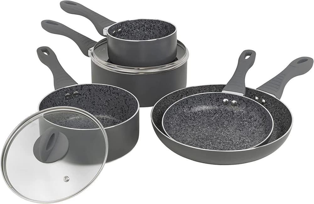 Homiu 7-delad non-stick gryt- och pannsats, smidda köksredskapsset i aluminium med lock av härdat glas och reptålig non-stick beläggning