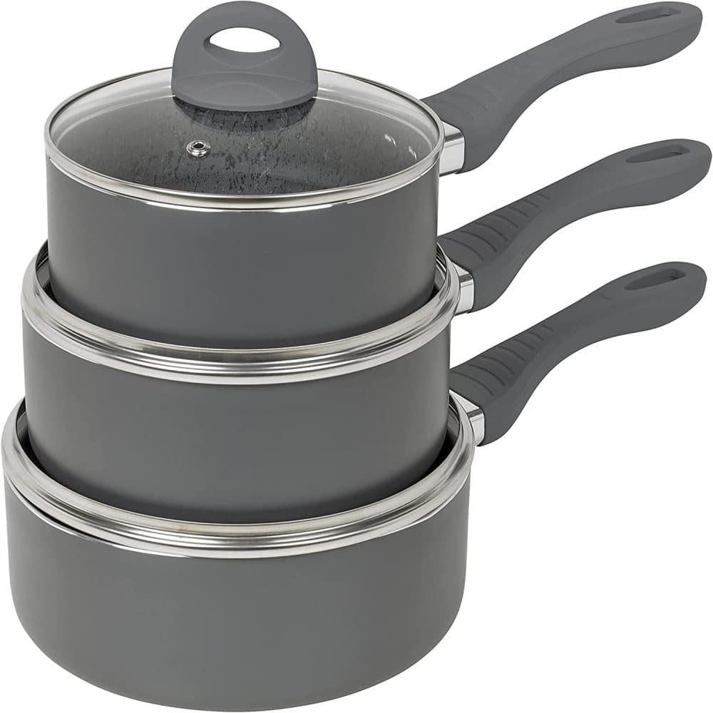 Homiu non-stick kastrullset 3-delat, smidda aluminiumkokkärl med lock i härdat glas och reptålig nonstick-beläggning, inkluderar 3 kokkärl med indukti