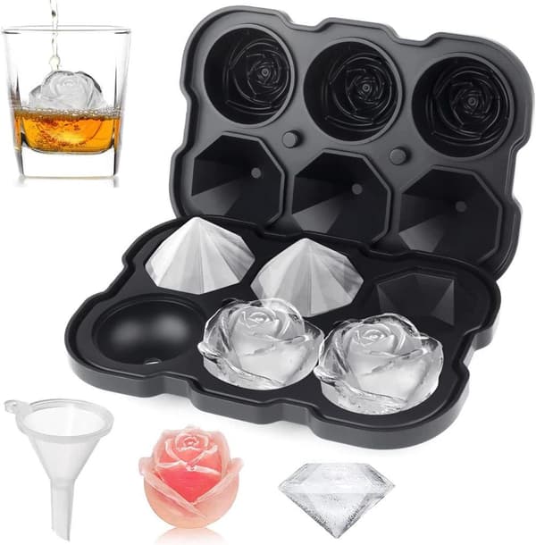 Premium silikone isform – 3 roser og 3 diamanter | Store isterninger, der er nemme at frigive, til whisky og cocktails og juice