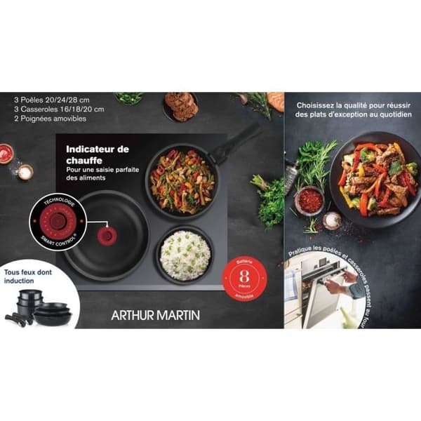 Induktionssæt - Arthur Martin - AM925B - Aluminium - 8 dele - Aftageligt håndtag - Alle kogeplader inklusive induktion