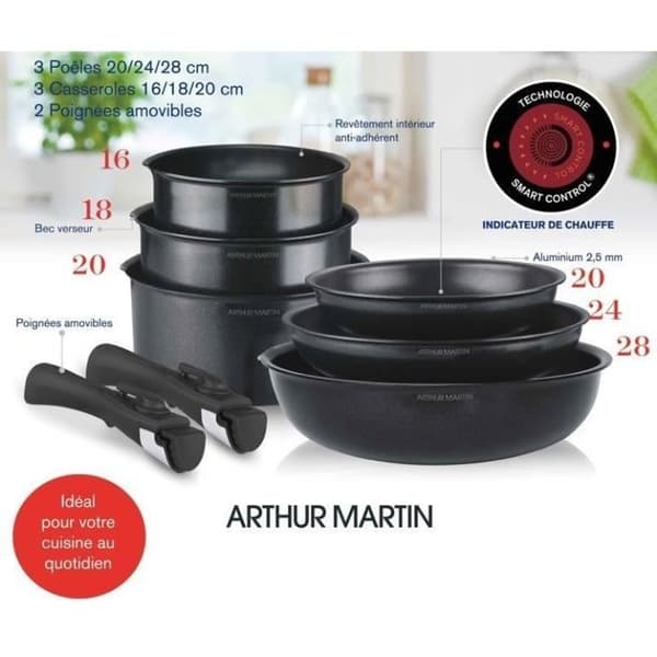 Induktionssæt - Arthur Martin - AM925B - Aluminium - 8 dele - Aftageligt håndtag - Alle kogeplader inklusive induktion