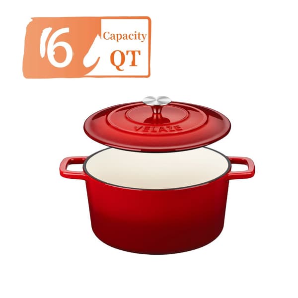 Velaze Gryta, 6 QT Kapacitet, Miljövänlig Gjutjärn,RÖD, 5L