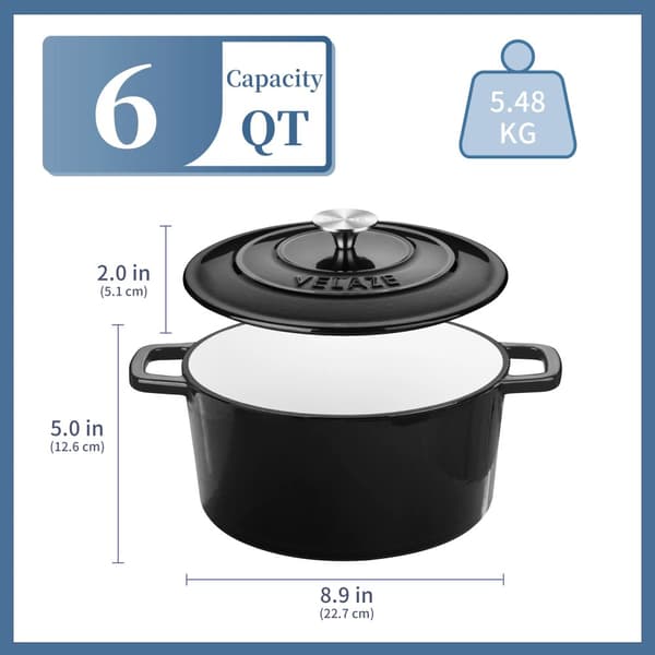 Velaze Dutch Oven, 6 QT kapasiteetti, ympäristöystävällinen valurauta,MUSTA, 5L
