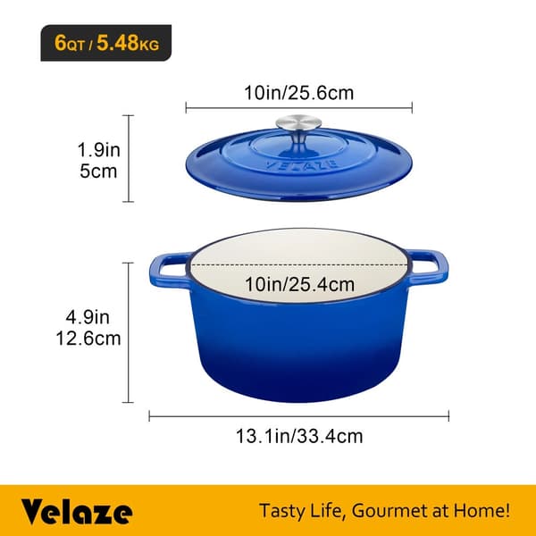Velaze Dutch Oven, 6 QT kapacitet, miljøvenlig støbejern,5L, BLÅ