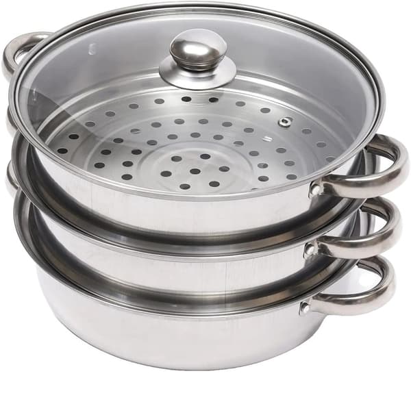 28 cm rostfritt stål ångkokare, 3-lagers design, glaslock