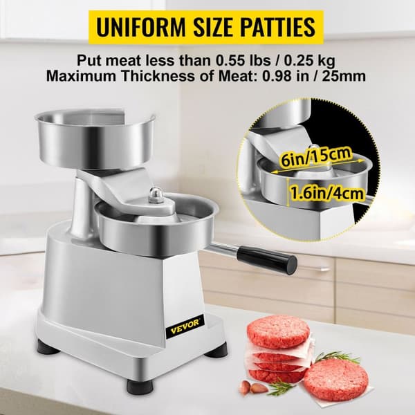 Burgerpresser 100-150mm - Erhverv Støbejern, 6 Bakker, Non-Stick Stål & Cylindrisk Knap - 1000 Patty Papirer Inkluderet
