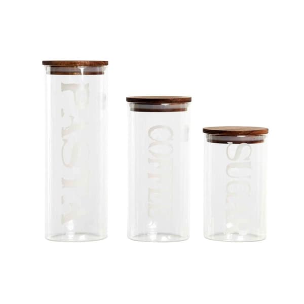 Set med 3 Burkar DKD Home Decor 10,2 x 10,2 x 27,7 cm i Akaciaträ & Borosilikatglas - Naturligt Transparent Design