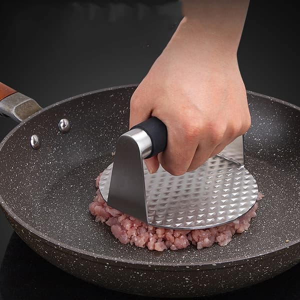 Smash Iron / ruostumattomasta teräksestä valmistettu hampurilaispuristin, jossa on silikonikahva