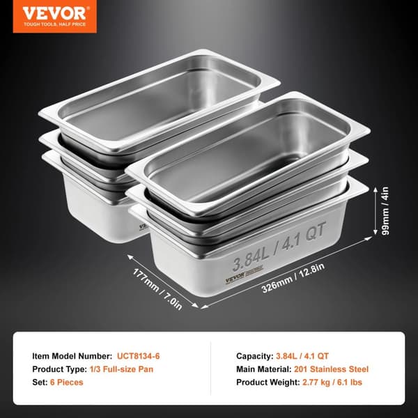 Buffet Chafing Dishes 3.84L, Holdbare Rustfrit Stål, Pladsbesparende Rektangulær Design,6 stk 4 tommer