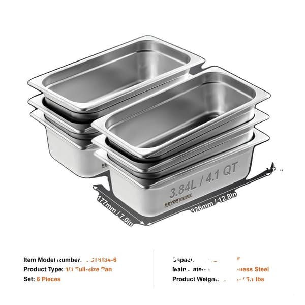 Buffet Chafing Dishes 3.84L, Holdbare Rustfrit Stål, Pladsbesparende Rektangulær Design,6 stk 4 tommer