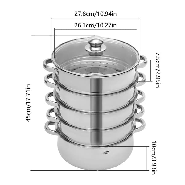 Rostfritt Stål Ångkokare, 5-Lagers Design, Mångsidiga Matlagningsalternativ,28 cm