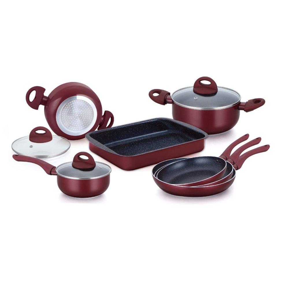 10 stycken marmorbelagd Kastrullset Induktion - Burgundy