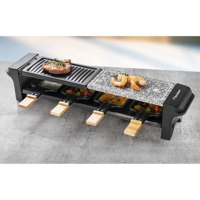 Bestron Raclette grill för 4 personer, elektrisk bordsgrill med 4 stekpannor, 4 träspadar och 4 fat, svart