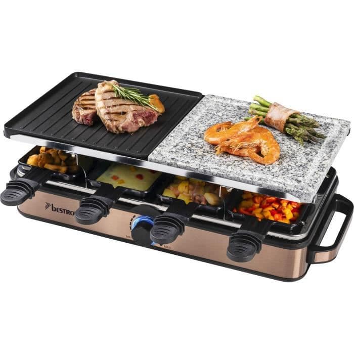 Bestron Raclette-grill Elektrisk raclette för upp till 8 personer, 8 stekpannor och 8 skrapor, 1400 Watt, Färg: koppar