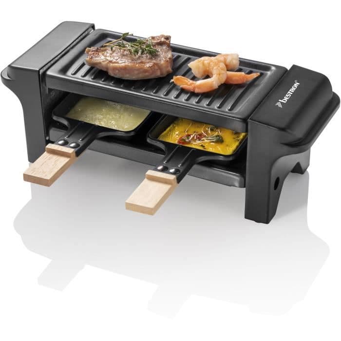 Bestron Raclette grill, minigrill för 1 till 2 personer, med 2 stekpannor och 2 spatlar, 350 watt, färg: svart/trä