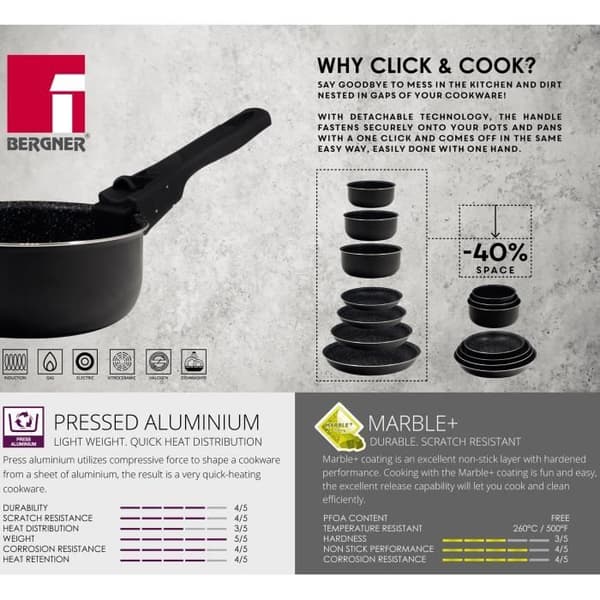 BERGNER Set med 3 kastruller Ø16 + 18 + 20 cm Click &amp; Cook svart med induktionshandtag
