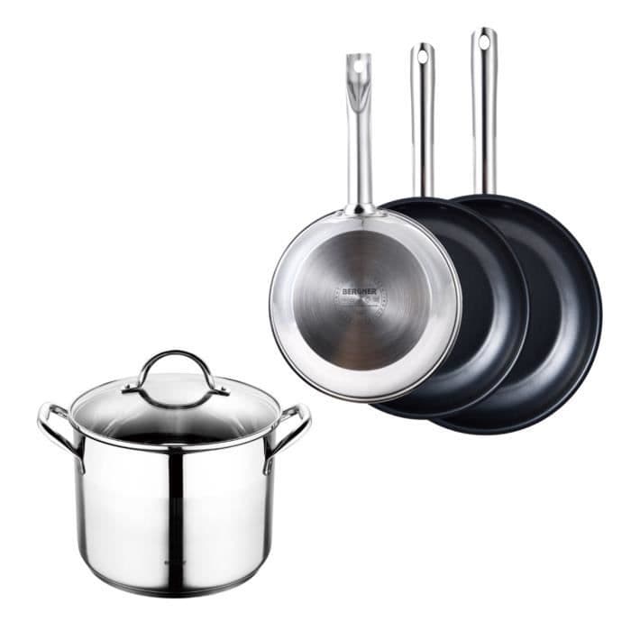BERGNER högkvalitativt set med kokkärl i rostfritt stål 4 delar gourmet stekpanna och kastrull set