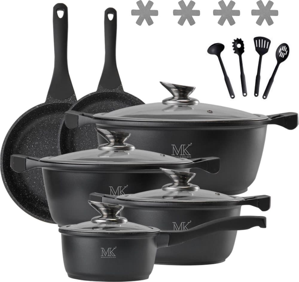 Maison & Kitchen - Kokkärlssats - 18-bitars kokkärlssats - Non-stick - Kokkärlssats med glaslock - Lämplig för induktion - 4x pannskydd