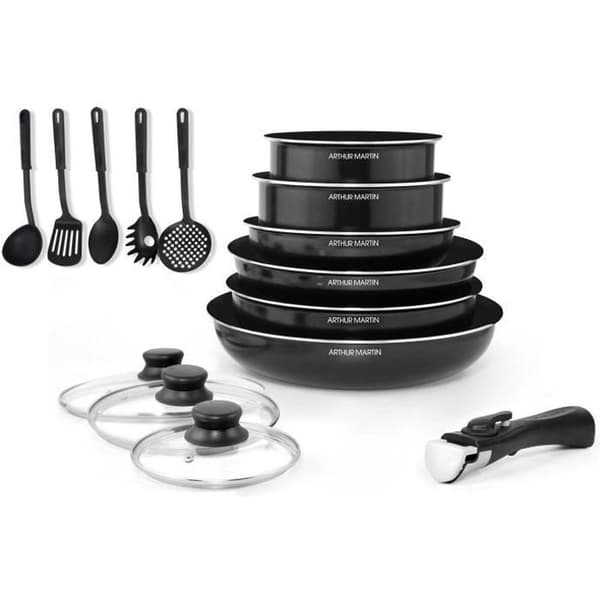 ARTHUR MARTIN 15-delad avtagbar kokkärl set 16-20-22-24-26 cm svart - Alla värmekällor inklusive induktion