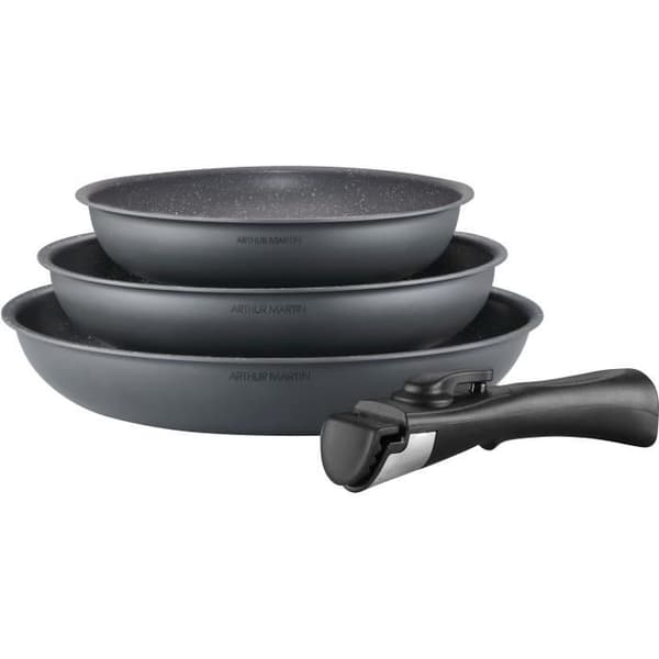 Kokkärlsset ARTHUR MARTIN AM521GM Set med 3 stekpannor - Matt Grå 20-24-28 cm + 1 avtagbart handtag - Alla värmekällor inklusive induktion