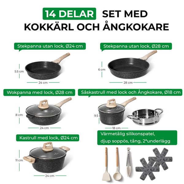 Just Perfecto 14-delat induktionsset med kokkärl - Set med kastruller och stekpannor - Alla värmekällor inklusive induktion - Aluminium - Svart