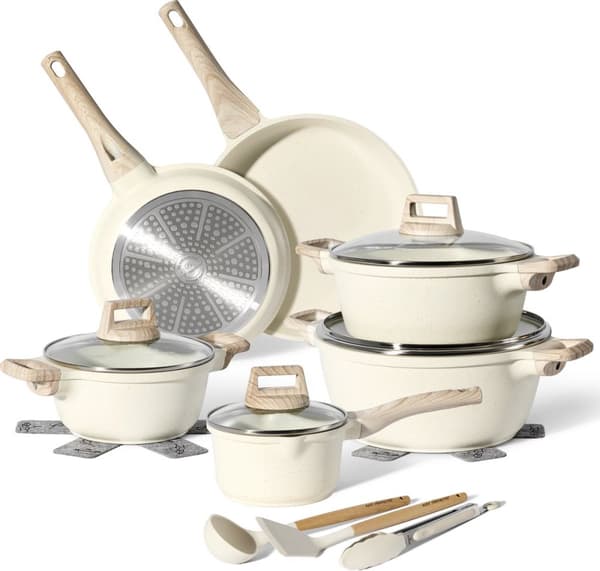 Just Perfecto 15-delade induktionskokkärl - Set med grytor och stekpannor - Alla värmekällor inklusive induktion - Aluminium - Beige