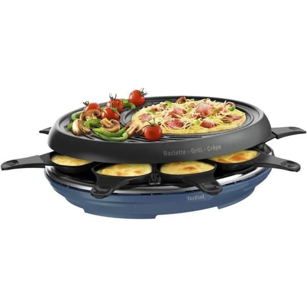 TEFAL 3in1 Raclette Grill, Colormania Raclette, Grill och Crêpes, 8 koppar, non-stick beläggning, stålblå RE310401