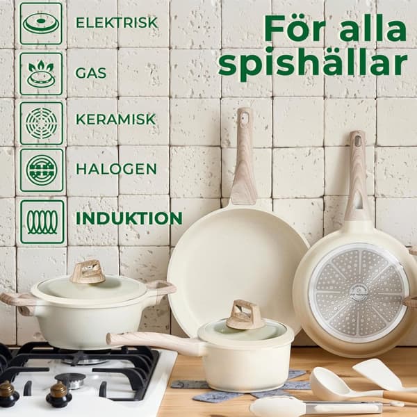 JUST PERFECTO 14 st Induktionskokkärl - Set med kastruller och stekpannor - Alla värmekällor inklusive induktion - Silikonlock