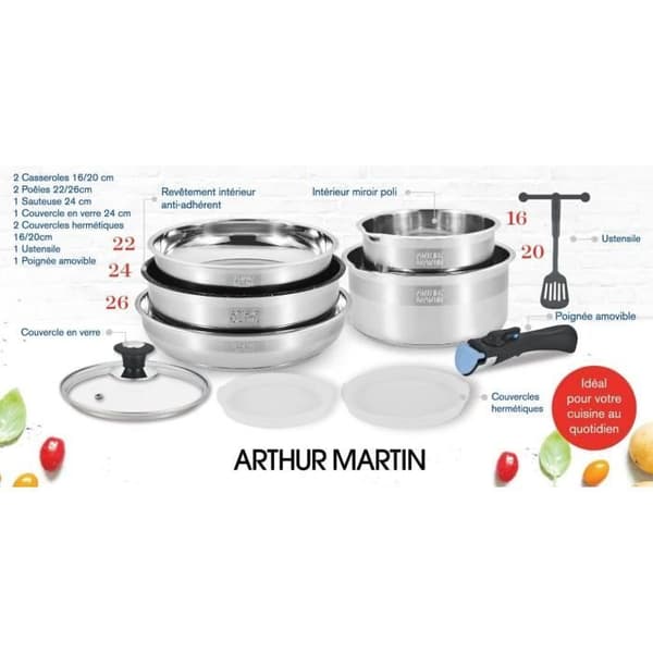 Arthur Martin AM0025 Avtagbart köksredskap Set 10 delar rostfri kastrull med hällpip Avtagbart handtag Alla FE11