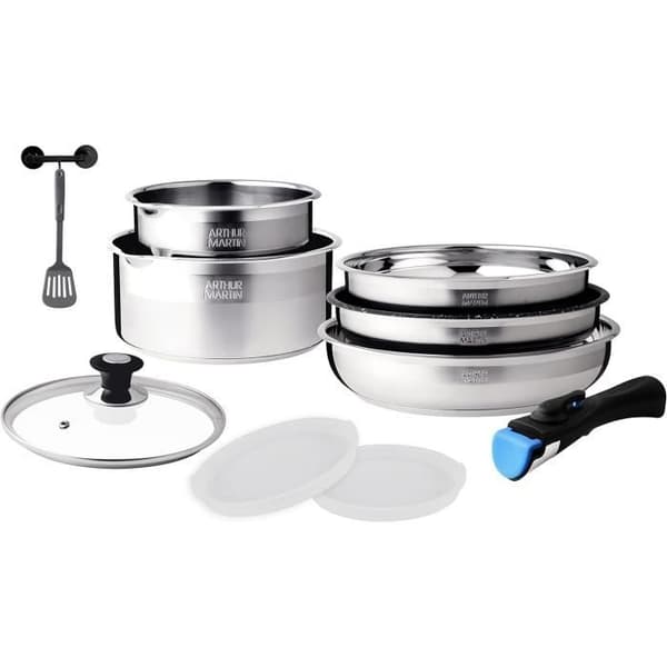 Arthur Martin AM0025 Avtagbart köksredskap Set 10 delar rostfri kastrull med hällpip Avtagbart handtag Alla FE11