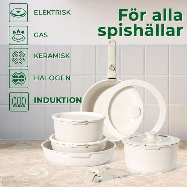 JUST PERFECTO 11-delad induktionsköksset - Set med grytor och stekpannor - Alla värmekällor inklusive induktion - Avtagbart handtag