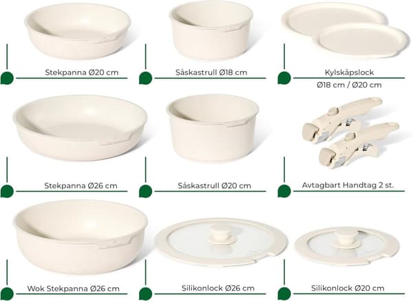 JUST PERFECTO 11-delad induktionsköksset - Set med grytor och stekpannor - Alla värmekällor inklusive induktion - Avtagbart handtag