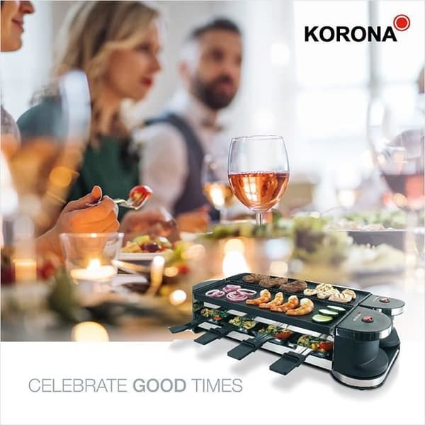 Korona 45072 Raclette Grill för 8 personer - bordsgrill med 8 kastruller och 8 spatlar - utfällbar grill