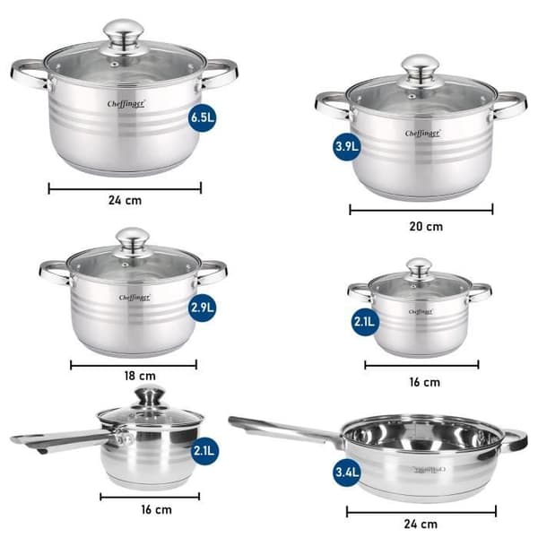 Köksset 4 kastruller/1 sautépanna/1 kastrull och 2 kastruller Cheffinger Silver