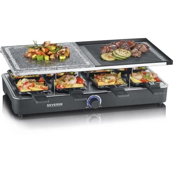 SEVERIN Raclette Grill 8 personer, naturlig baksten och non-stick vändbar platta, justerbar termostat, RG 2371