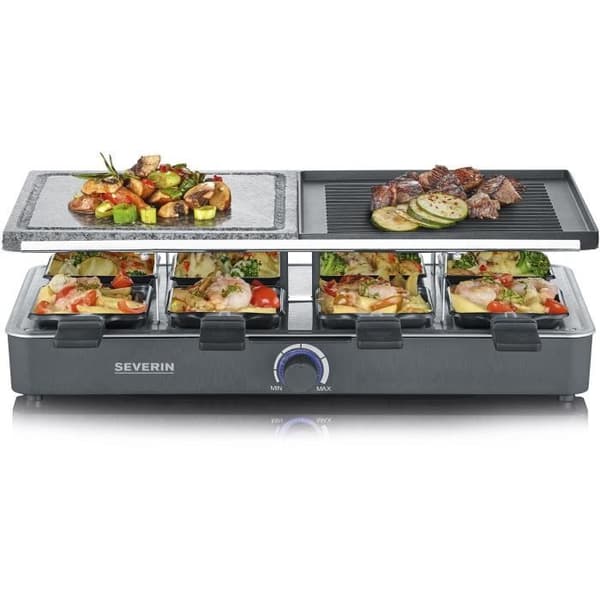 SEVERIN Raclette Grill 8 personer, naturlig baksten och non-stick vändbar platta, justerbar termostat, RG 2371