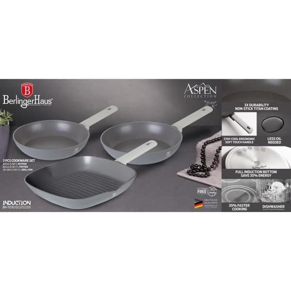Berlinger Haus BH/7076 Aspen Collection Set med 3 stekpannor i grått med grillpanna