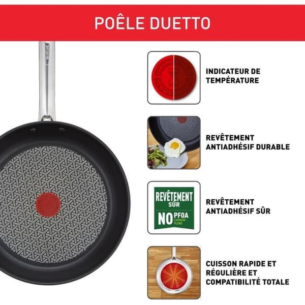 Tefal Duetto Set av 3 stekpannor 20/24/28 cm, Induktion, Rostfritt stål, Non-stick beläggning, Thermo-Spot, Hälsofrämjande matlagning, Perfekt bryning