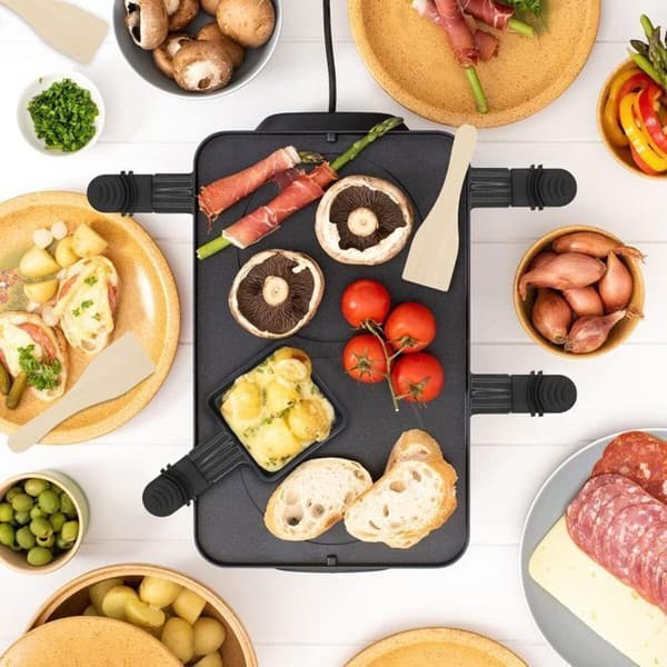Poelon Raclette, Coupelle Raclette - Non-stick beläggning 18x9x1.5cm - Set om 8 - Svart - Med två träspadar - Diskmaskinssäker