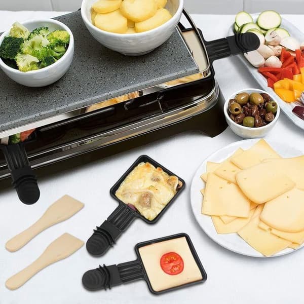 Poelon Raclette, Coupelle Raclette - Non-stick beläggning 18x9x1.5cm - Set om 8 - Svart - Med två träspadar - Diskmaskinssäker