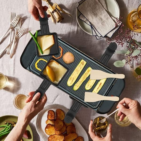 Poelon Raclette, Coupelle Raclette - Non-stick beläggning 18x9x1.5cm - Set om 8 - Svart - Med två träspadar - Diskmaskinssäker
