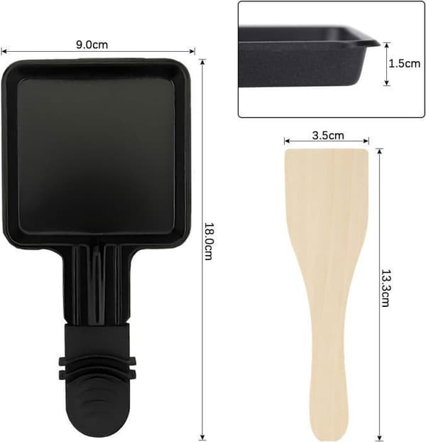 Poelon Raclette, Coupelle Raclette - Non-stick beläggning 18x9x1.5cm - Set om 8 - Svart - Med två träspadar - Diskmaskinssäker