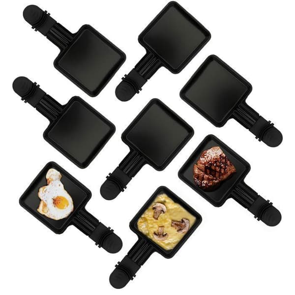 Poelon Raclette, Coupelle Raclette - Non-stick beläggning 18x9x1.5cm - Set om 8 - Svart - Med två träspadar - Diskmaskinssäker